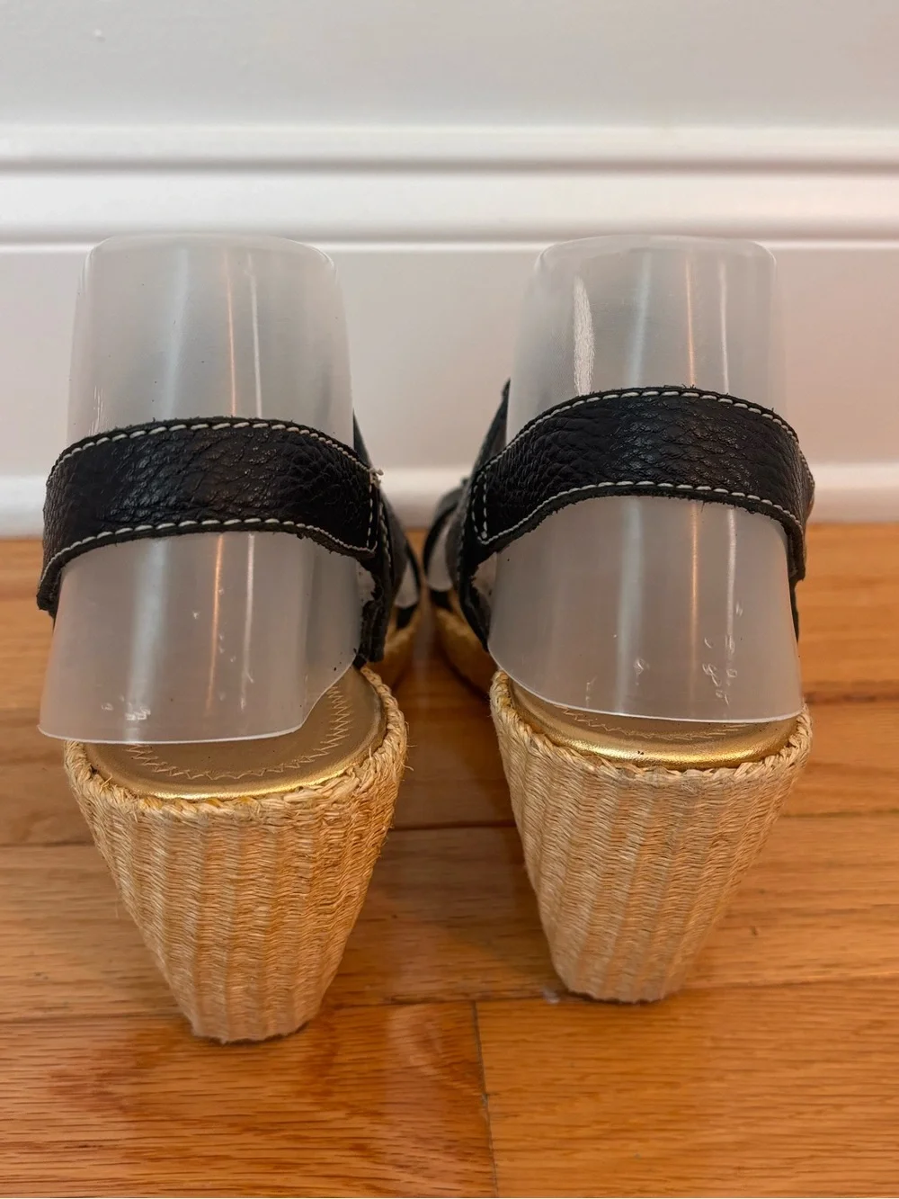 ANTONIO MELANI Y2K Black Leather Double-Buckle Espadrille Wedges Size 8 Brazil